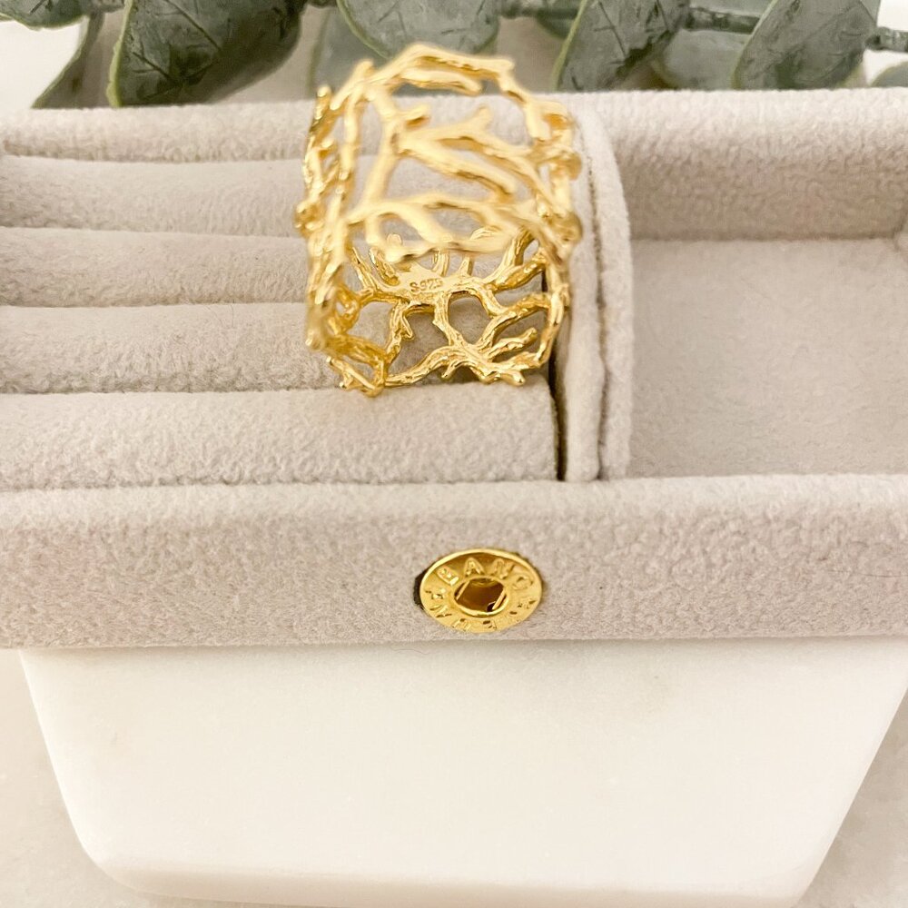 925 Sterling Silver Gold Textured Ring Vine Coral Tree Branch Ring Boho Ring - Picture 9 of 9